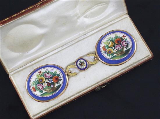 A 19th century Italian? gold mounted micro mosaic cloak clasp? 3.5in.